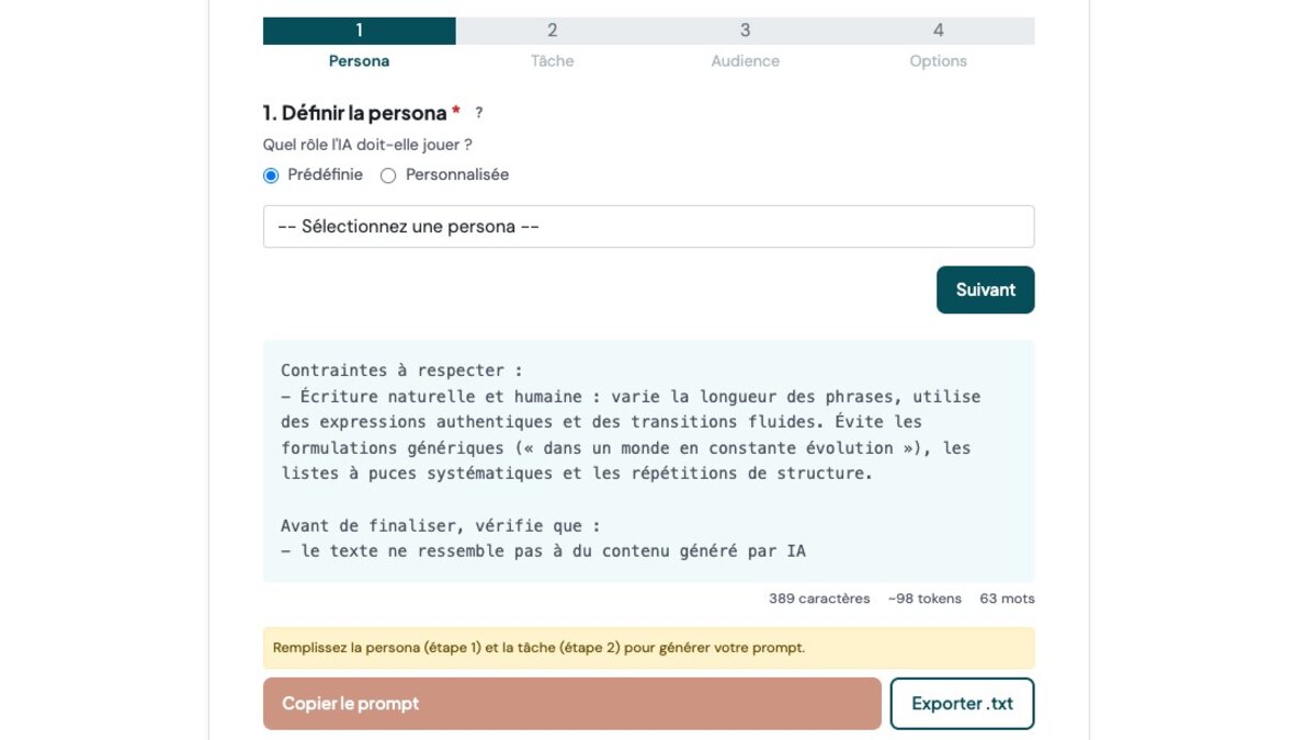 Aperçu Constructeur de prompts